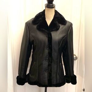 Black Leather Faux Fur Trim Women's Jacket